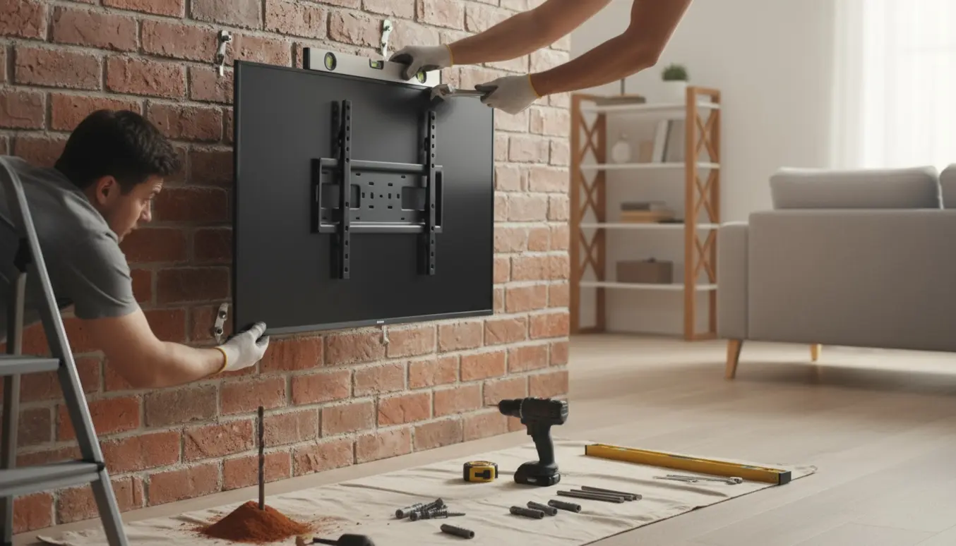 Vægmontering af et stort fladskærms-tv på en murstensvæg med værktøj og hænder, der fastgør beslag.