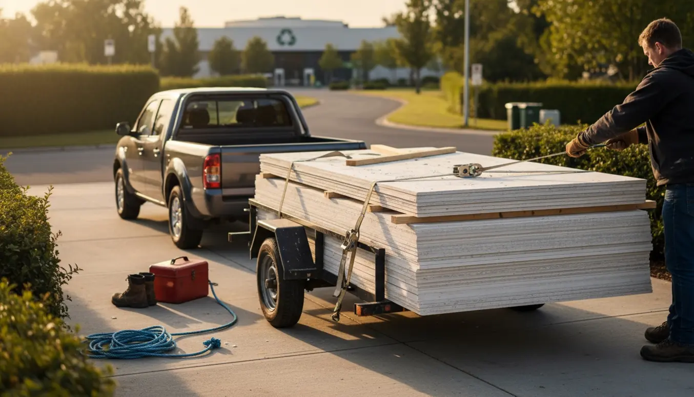 Mindre trailer med gipsplader og lægter klar til køretur til genbrugspladsen.