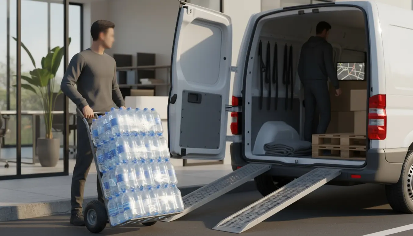 Håndtruck læsser 30 kasser med vand ind i en varevogn foran et kontor.