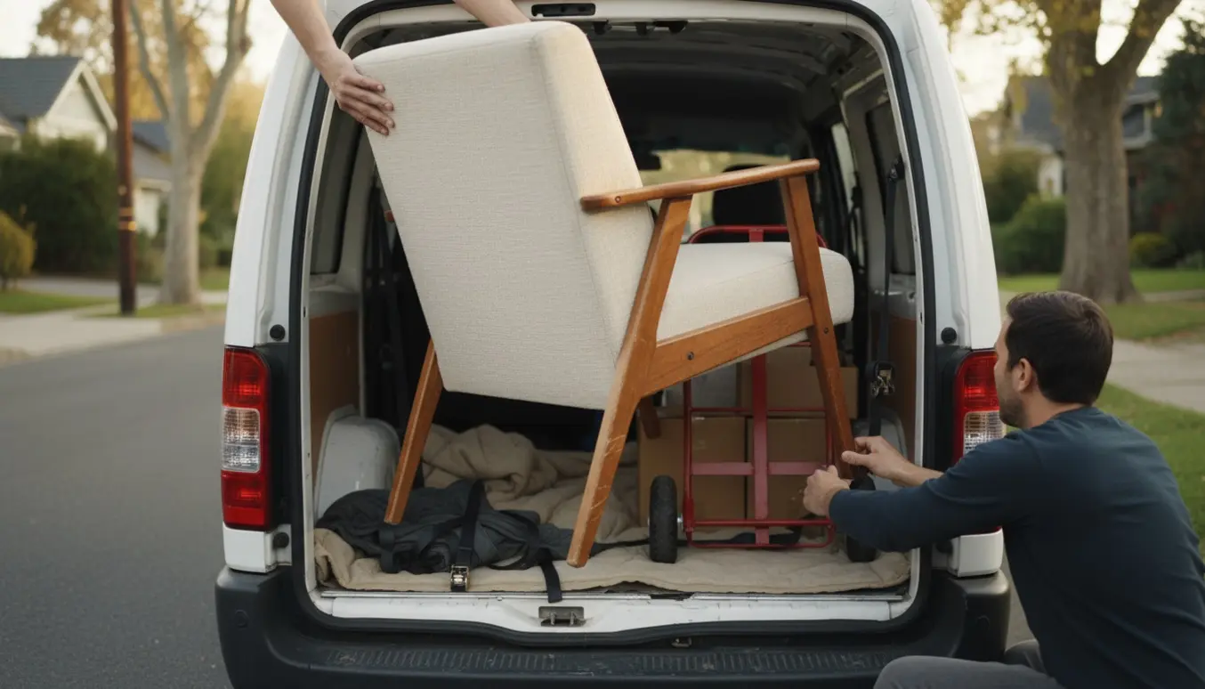 En polstret stol læsses ind i en varevogn med flyttetæpper og surringsstropper, klar til transport.