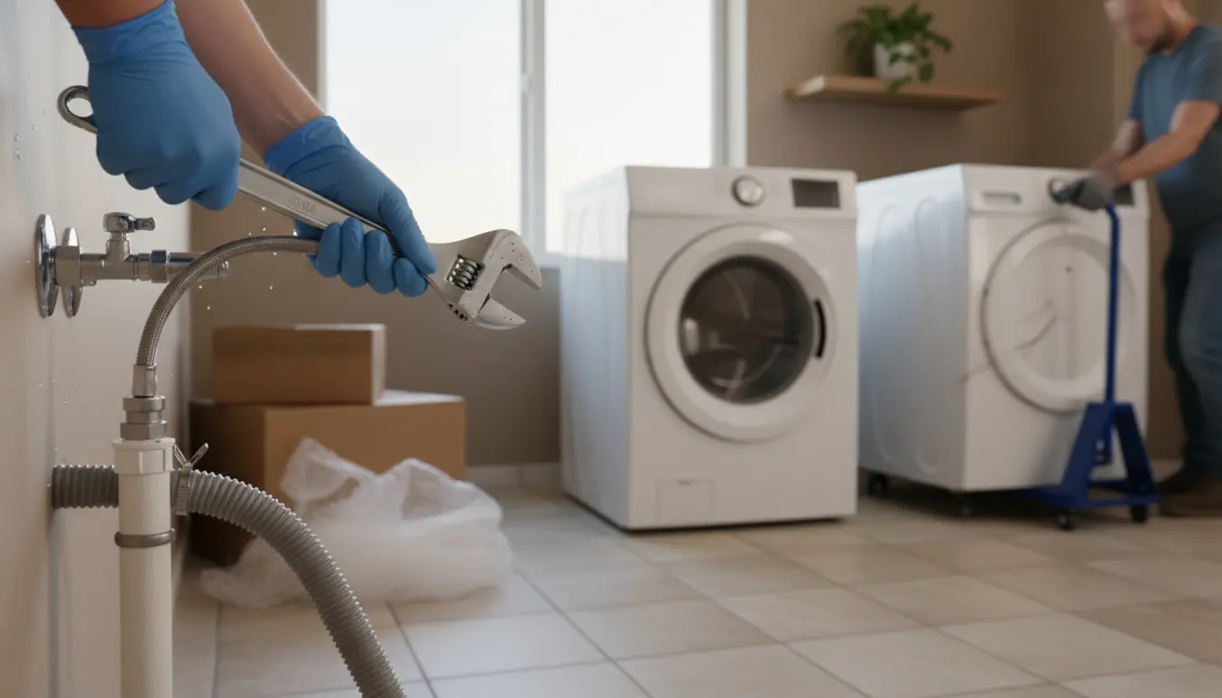 Ny vaskemaskine og tørretumbler installeres i et lyst og ryddeligt bryggers med tilslutning af vandforsyning og emballage klar til bortskaffelse.