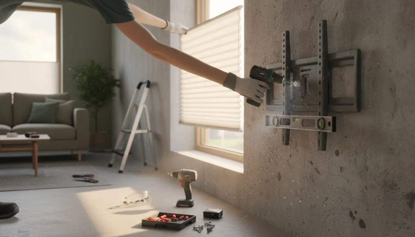 Montage af plisségardin ved vindue og opsætning af fladskærms-tv på betonvæg med værktøj i fokus.