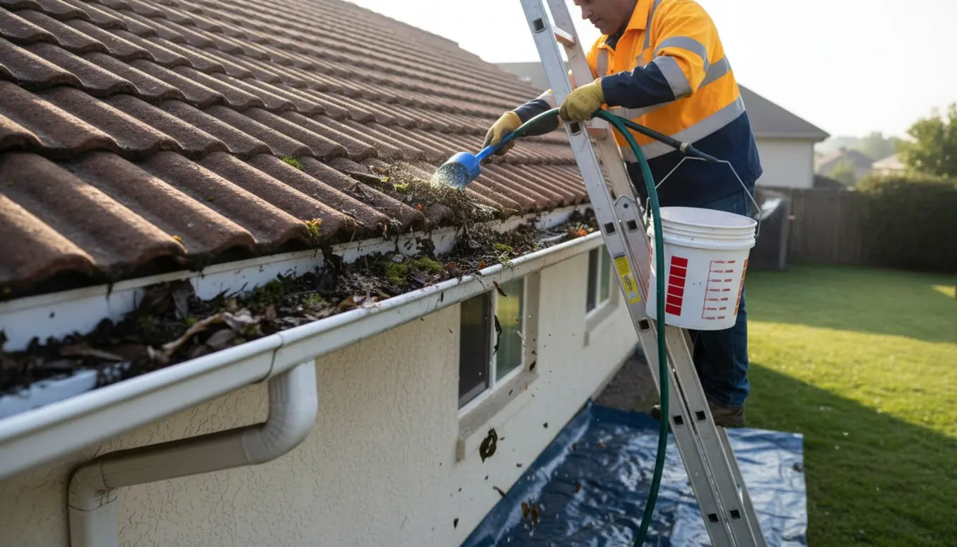 En håndværker renser tagrender på et enkeltplanshus med stige, spand og løvfyldte tagrender.