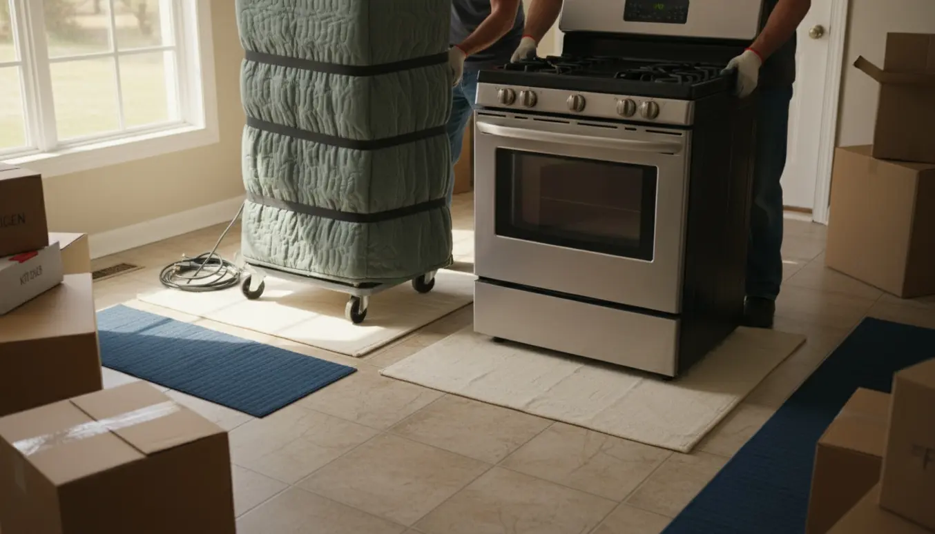 Komfur og køleskab pakket og på flyttevogne i et køkken under flytning.