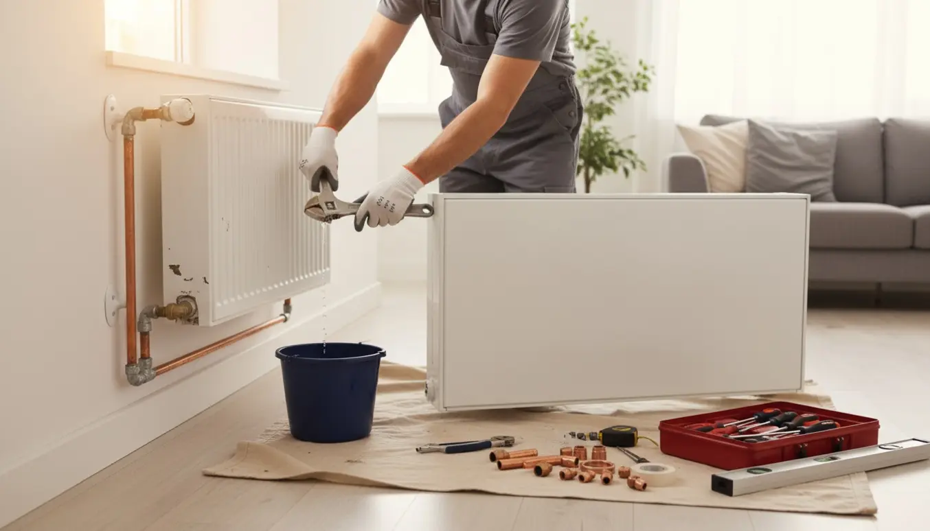 En VVS-professionel udskifter to radiatorer i et lyst rum med værktøj og beskyttelsesafdækning.