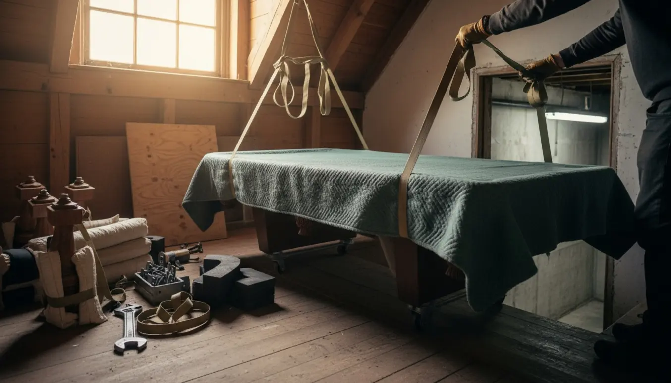 Adskilt billardbord pakket og båret ned ad en smal gammel skoletrappe mod kælderen.