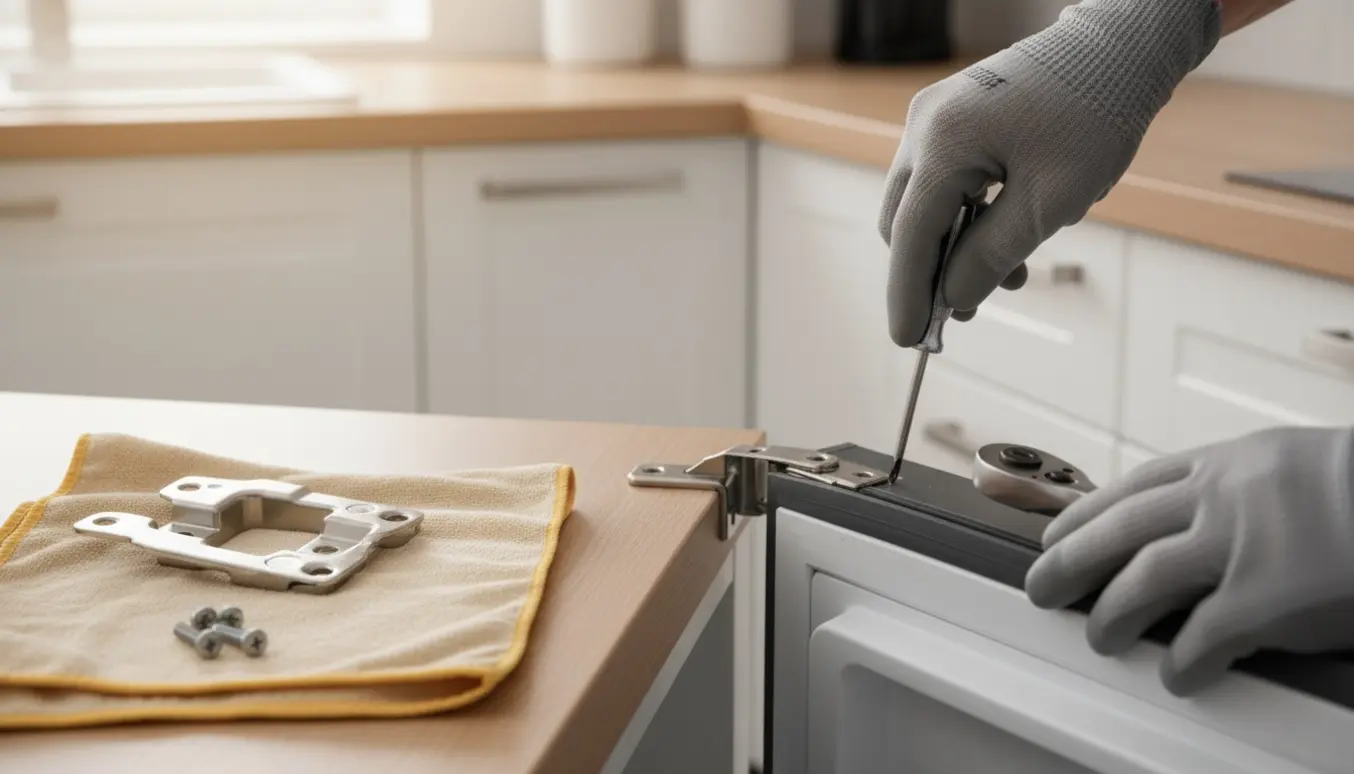 Nærbillede af udskiftning af to hængsler på et integreret køle-fryseskab med værktøj og handsker.