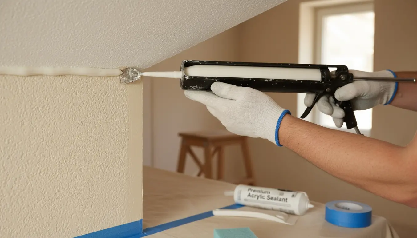 Nærbillede af hænder, der fjerner gammel fuge og påfører en ny akrylfuge i hjørnet mellem væg og loft.