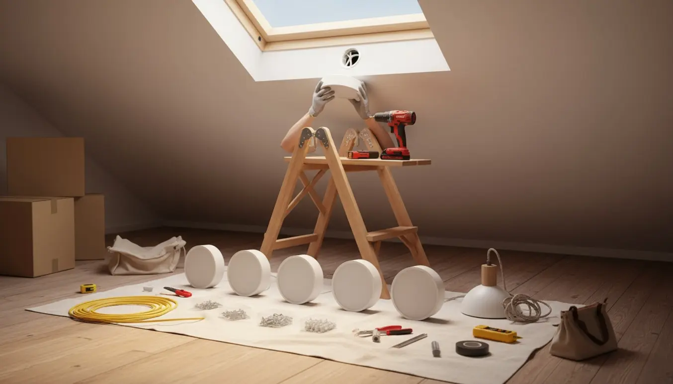 Hænder monterer en loftslampe på en stige i et lyst loftrum med værktøj og materialer omkring.