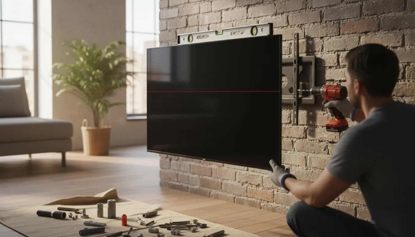 To personer monterer et 55 tommer TV på en murstensvæg, én holder TV'et, den anden justerer vægbeslaget med et vaterpas.