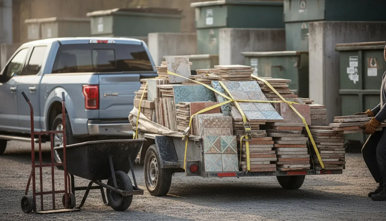 Pickup med trailer læsset med brugte fliser ved en genbrugsstation, personer læsser fra bagsiden.