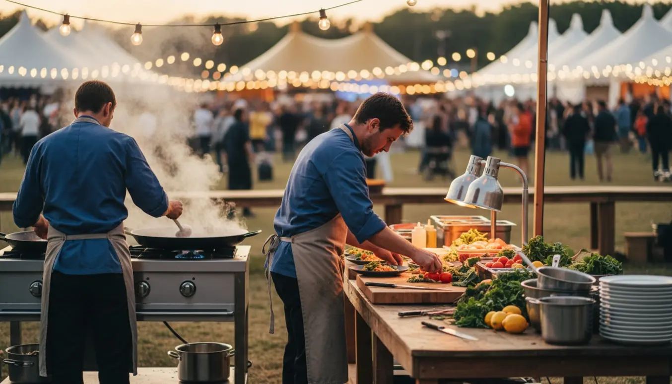 To kokke tilbereder mad i et udendørs festivalkøkken ved skumring med varme lyskæder og friske råvarer.