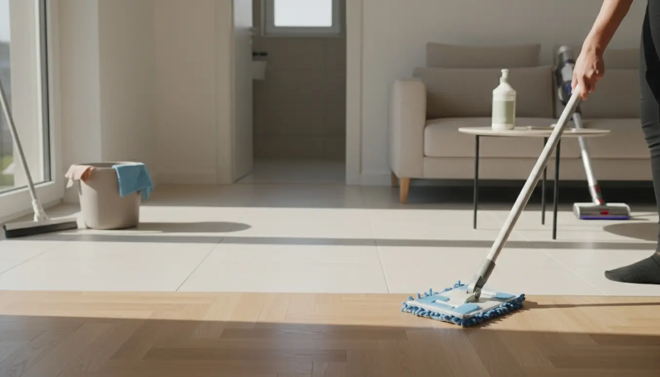 Lyst hjem med parket og fliser, en rengøringsperson set bagfra med mop og neutrale, uparfumerede rengøringsflasker.