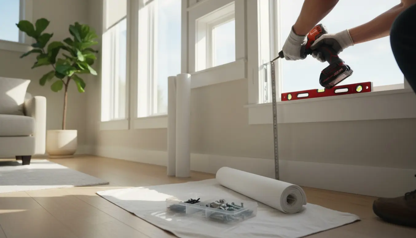 Montør monterer hvide rullegardiner i fire vinduer med værktøj og stige i et lyst, moderne rum.