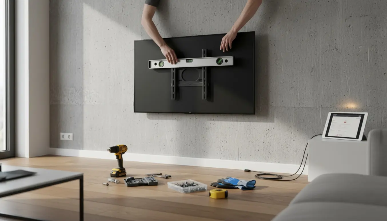 Tekniker monterer et 48-tommer fladskærms-tv på en betonvæg, mens kabler skjules langs fodpanelerne og forbindes til en router.