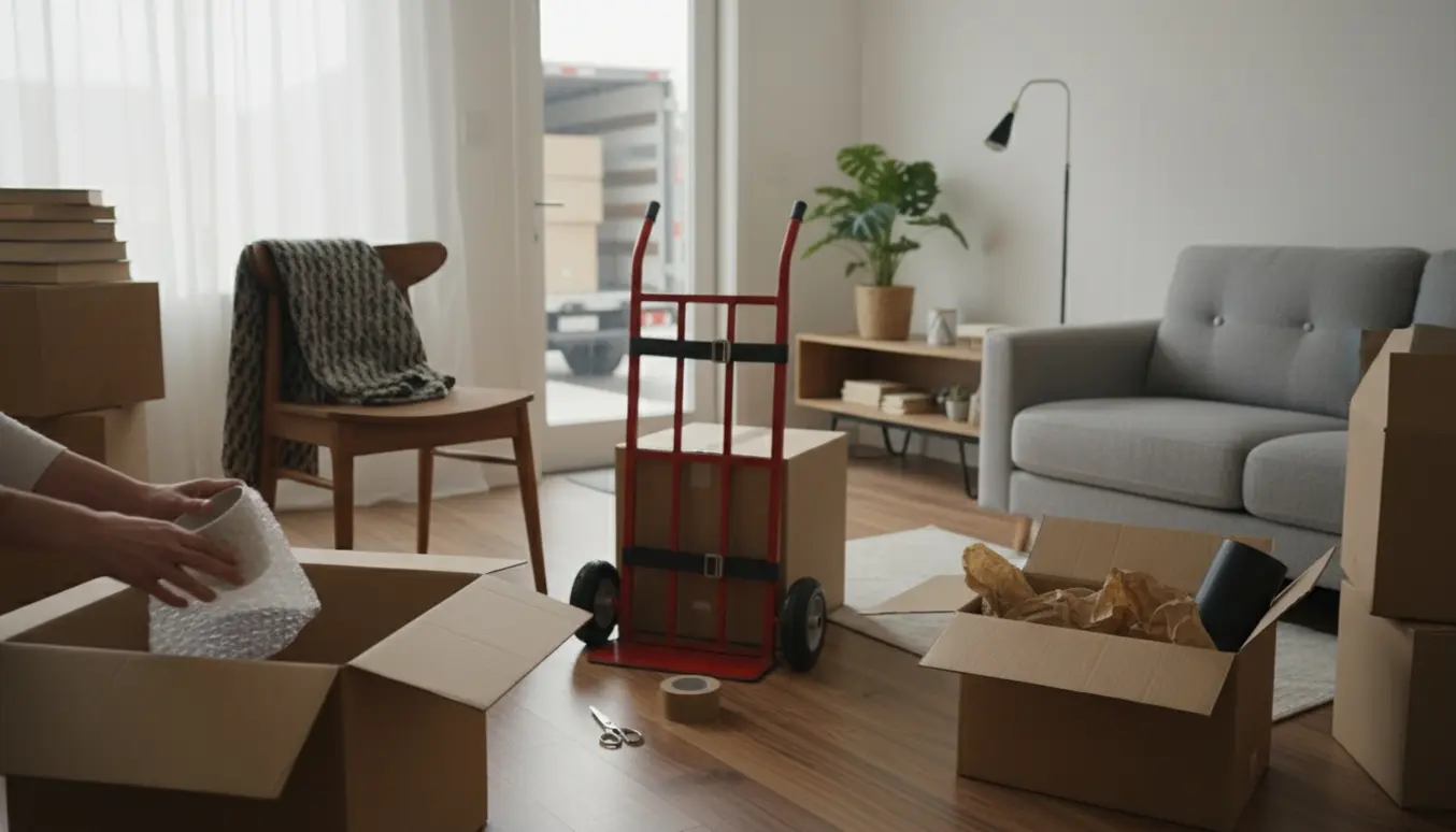 Hænder pakker ejendele i almindelige flyttekasser i en lys, lille lejlighed.