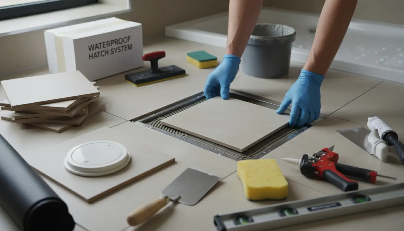 Nærbillede af en håndværker, der monterer en flisebeklædt vådrumsinspektionslem i et flisebadeværelse med værktøj rundt om.