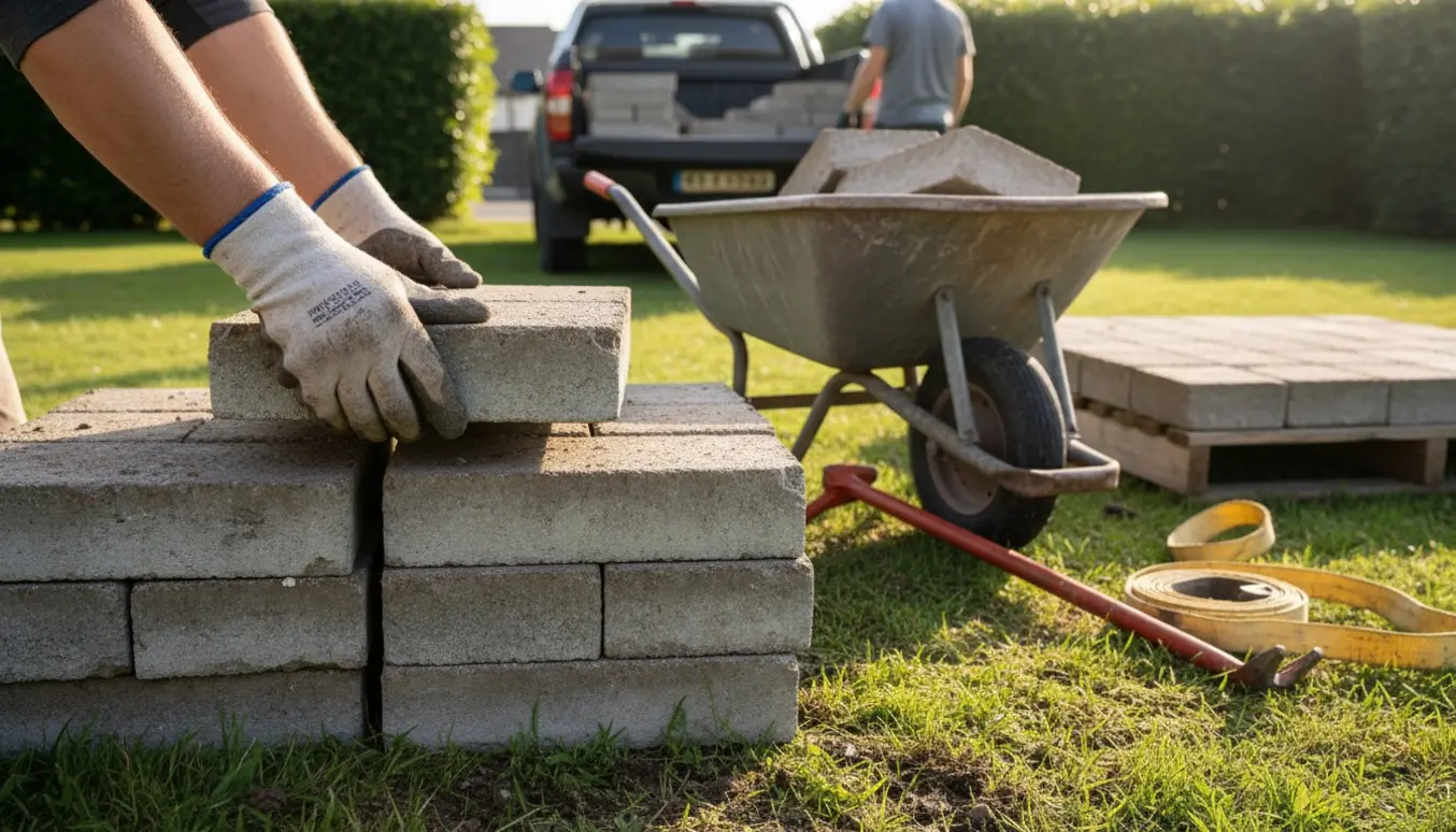 Gloved hænder løfter en flise fra en bunke i haven, klar til at blive læsset i en varevogn.