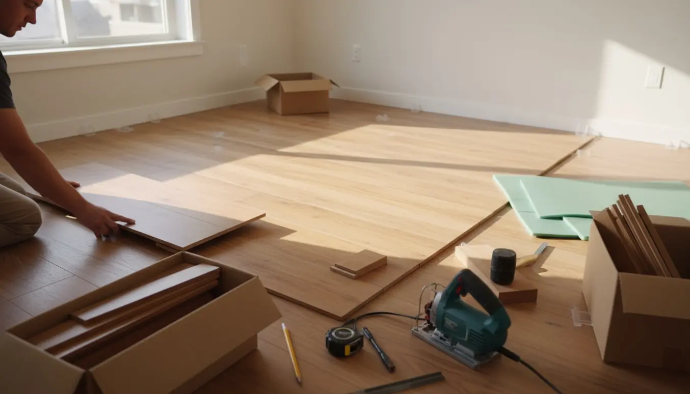 Nærbillede af klikgulvinstallation i et tomt firkantet værelse med planker og værktøj.
