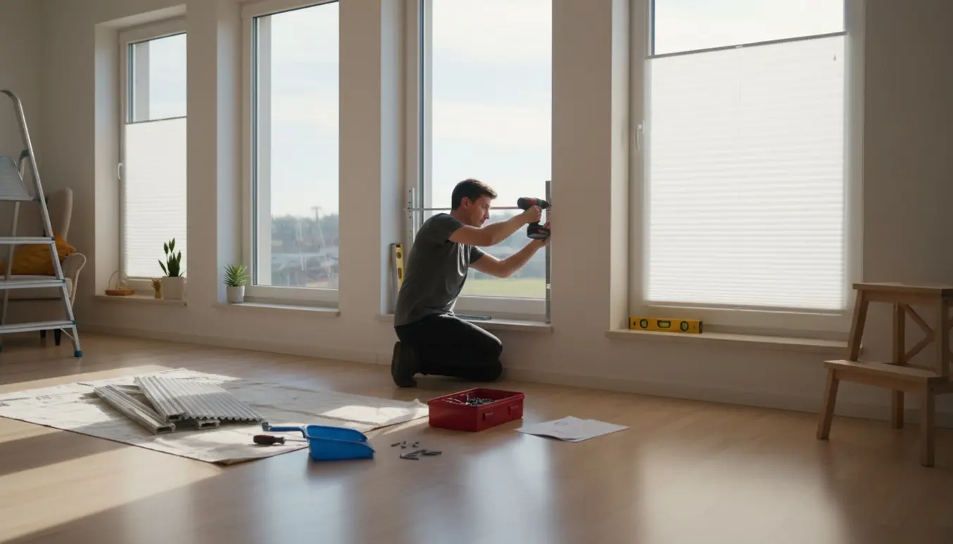 Installering af tre flex plissegardiner ved tre vinduer med værktøj på et beskyttelsesunderlag.