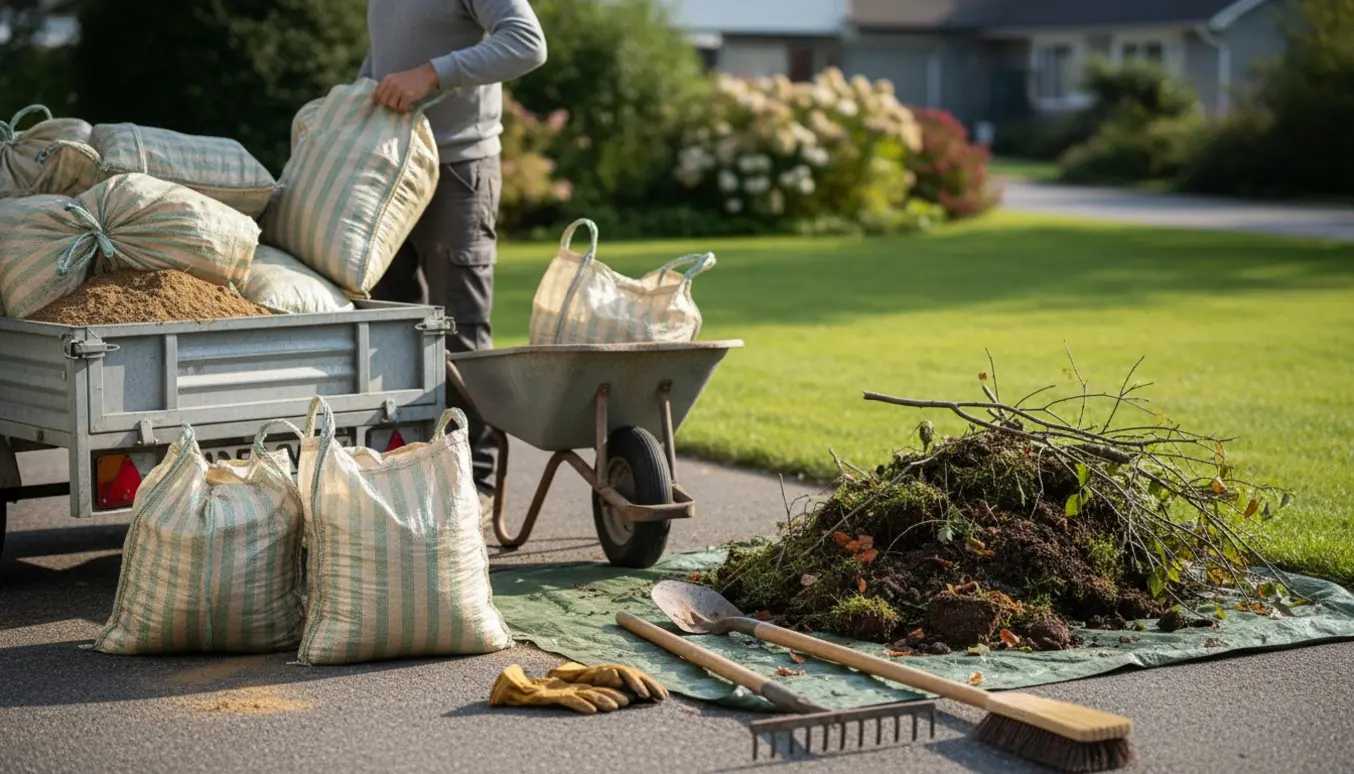 Stort par stribede sække fyldt med sand og haveaffald ved trailer og trillebør, klar til bortskaffelse.