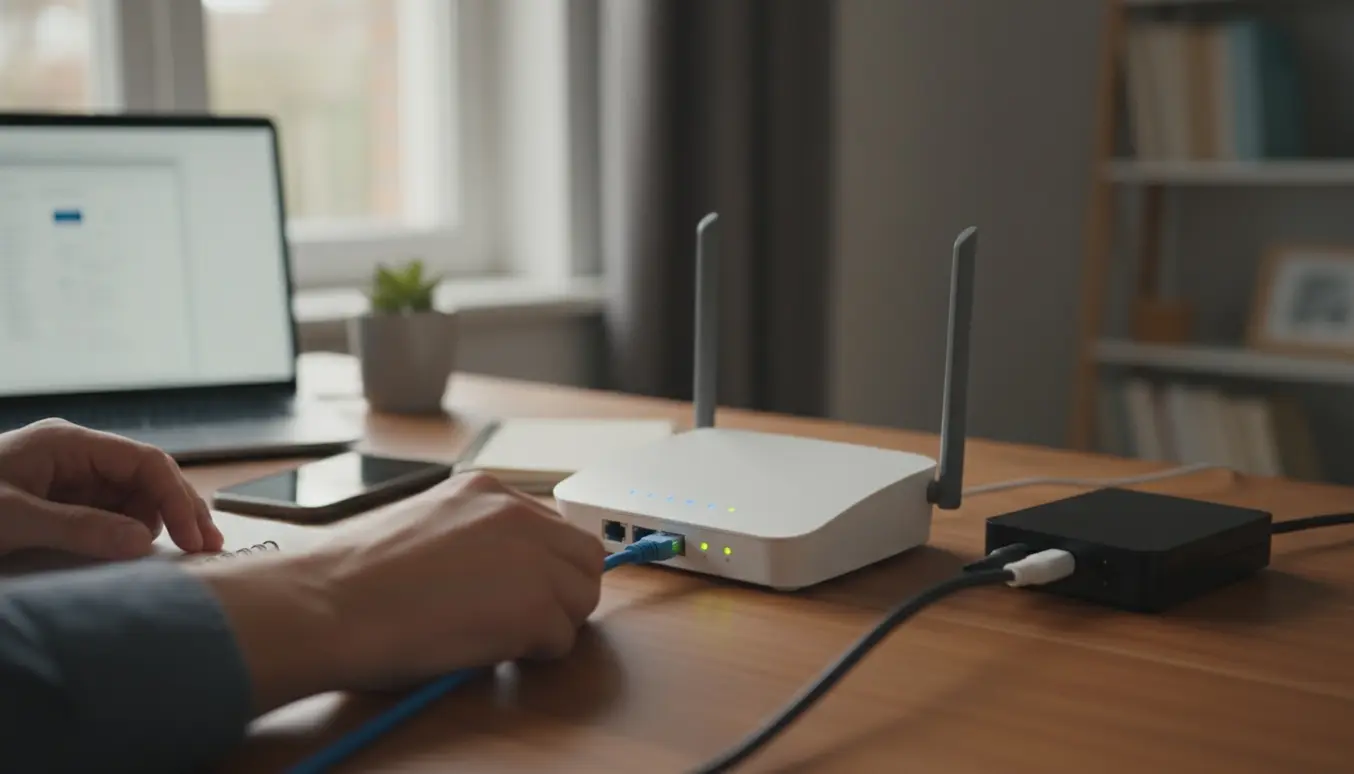 Hænder forbinder en ny router til et modem med et Ethernet-kabel på et ryddeligt skrivebord.
