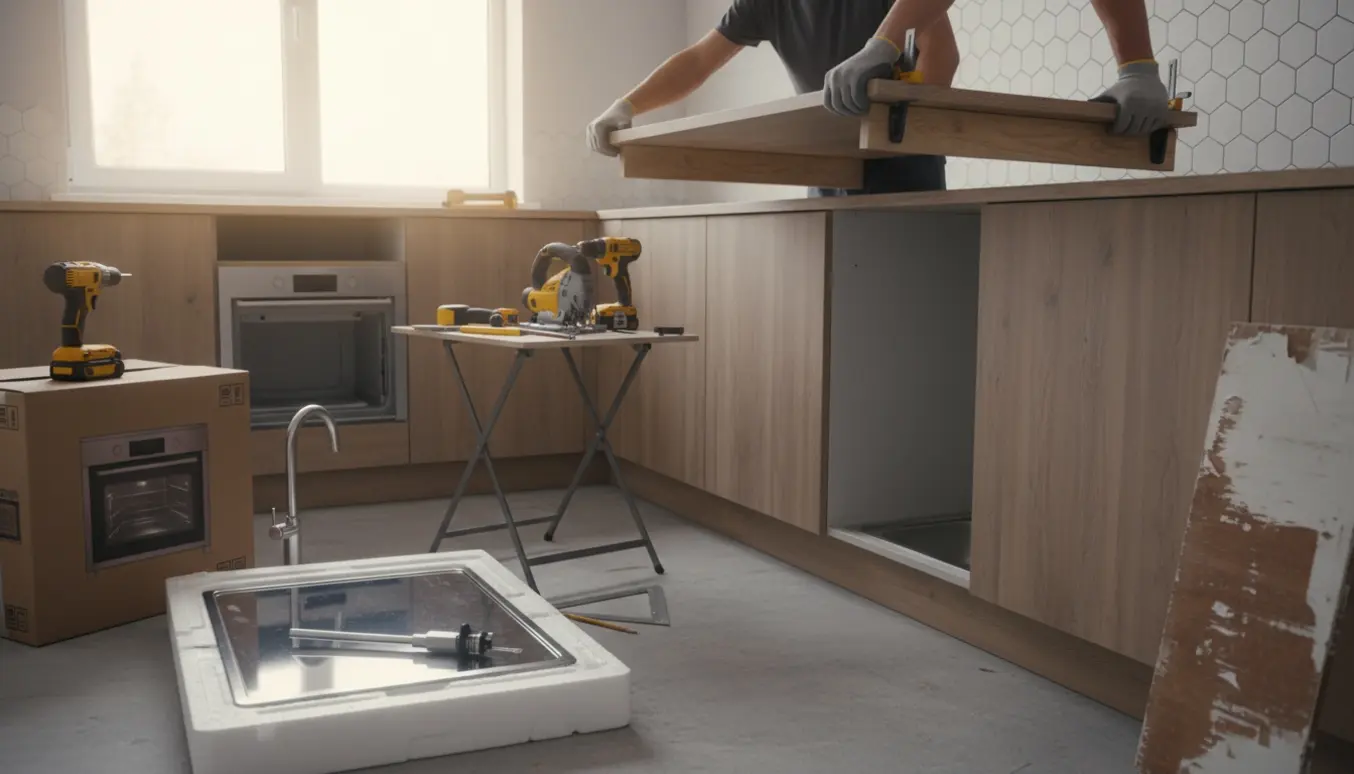 Nærbillede af montering af ny køkkenbordplade med udskæring til vask og klar til installation af kogeplade og ovn.