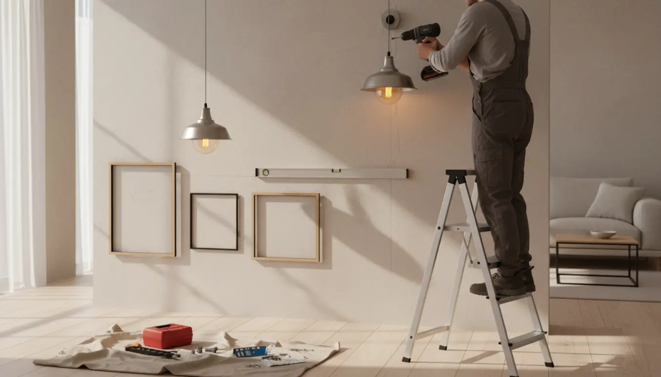 En person hænger to lamper op og justerer tre billeder på en stuevæg med værktøj på gulvet.