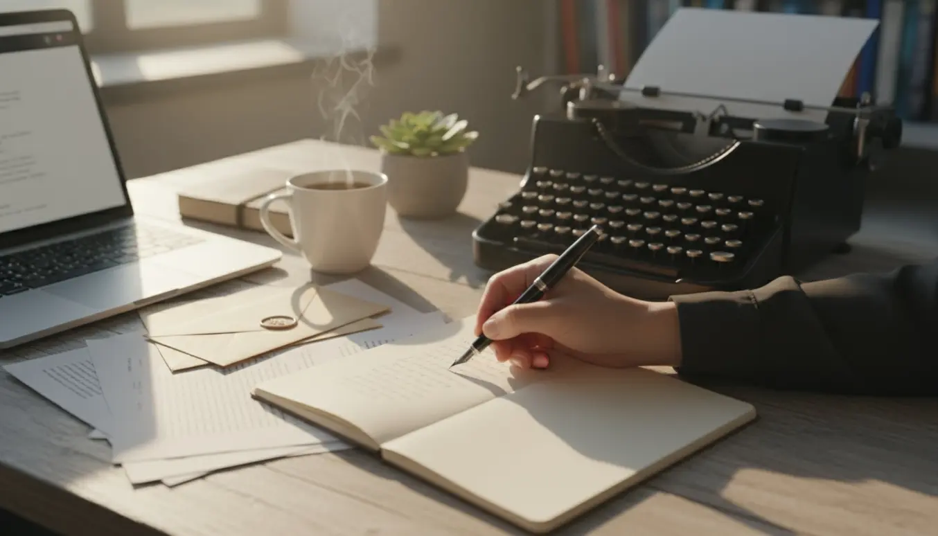 Hænder skriver digte i en hyggelig arbejdsstation med notesbog, laptop og kaffekop i blødt naturligt lys.