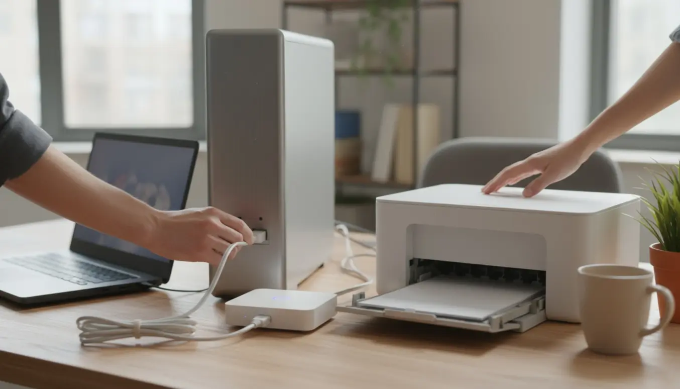 Hænder tilslutter en ny router til en pc og printer på et ryddeligt hjemme-kontor.