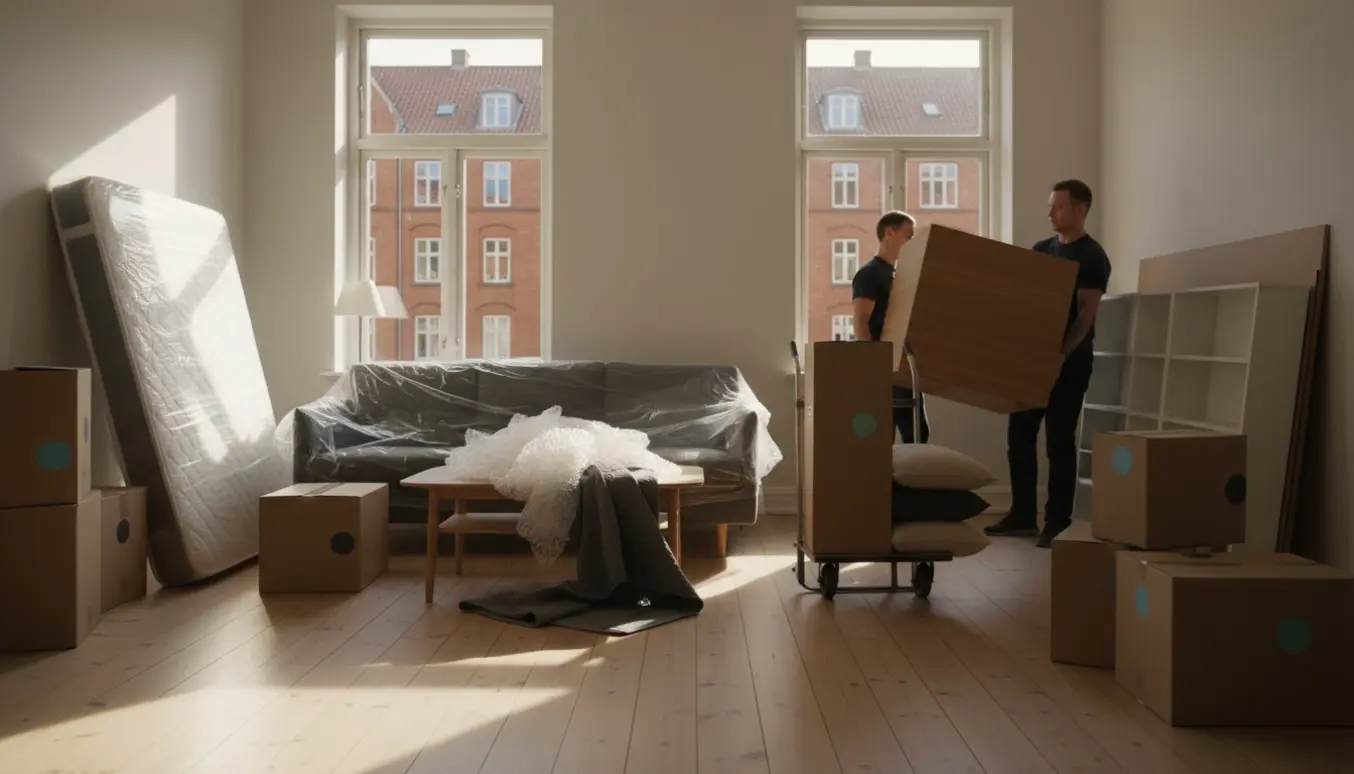 En lys lejlighed fyldt med møbler og flyttekasser klar til flytning til Valby.