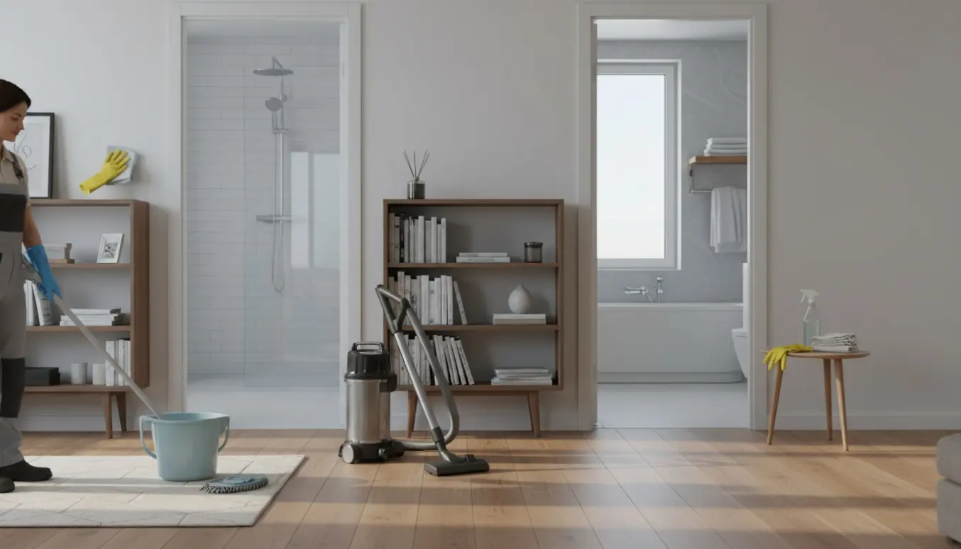 Rengøringsscene i en lys, moderne bolig med moppe, støvsuger og et skinnende badeværelse i baggrunden.