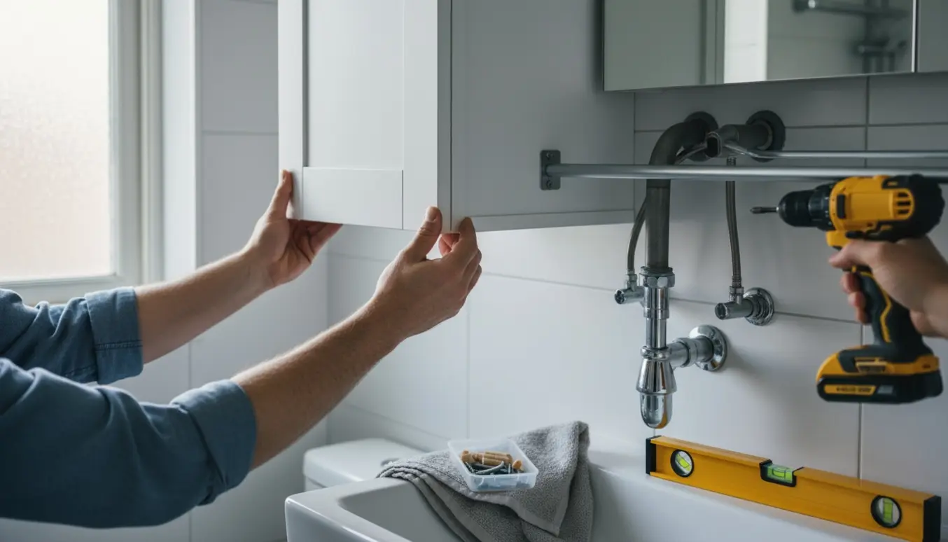 Hænder skruer et væghængt badeværelsesskab op på skinne med synlige rør bagved.