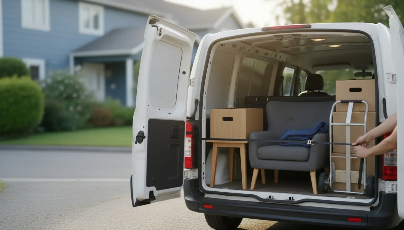 Åben flyttebil med få møbler og nogle flyttekasser pakket klar til transport.