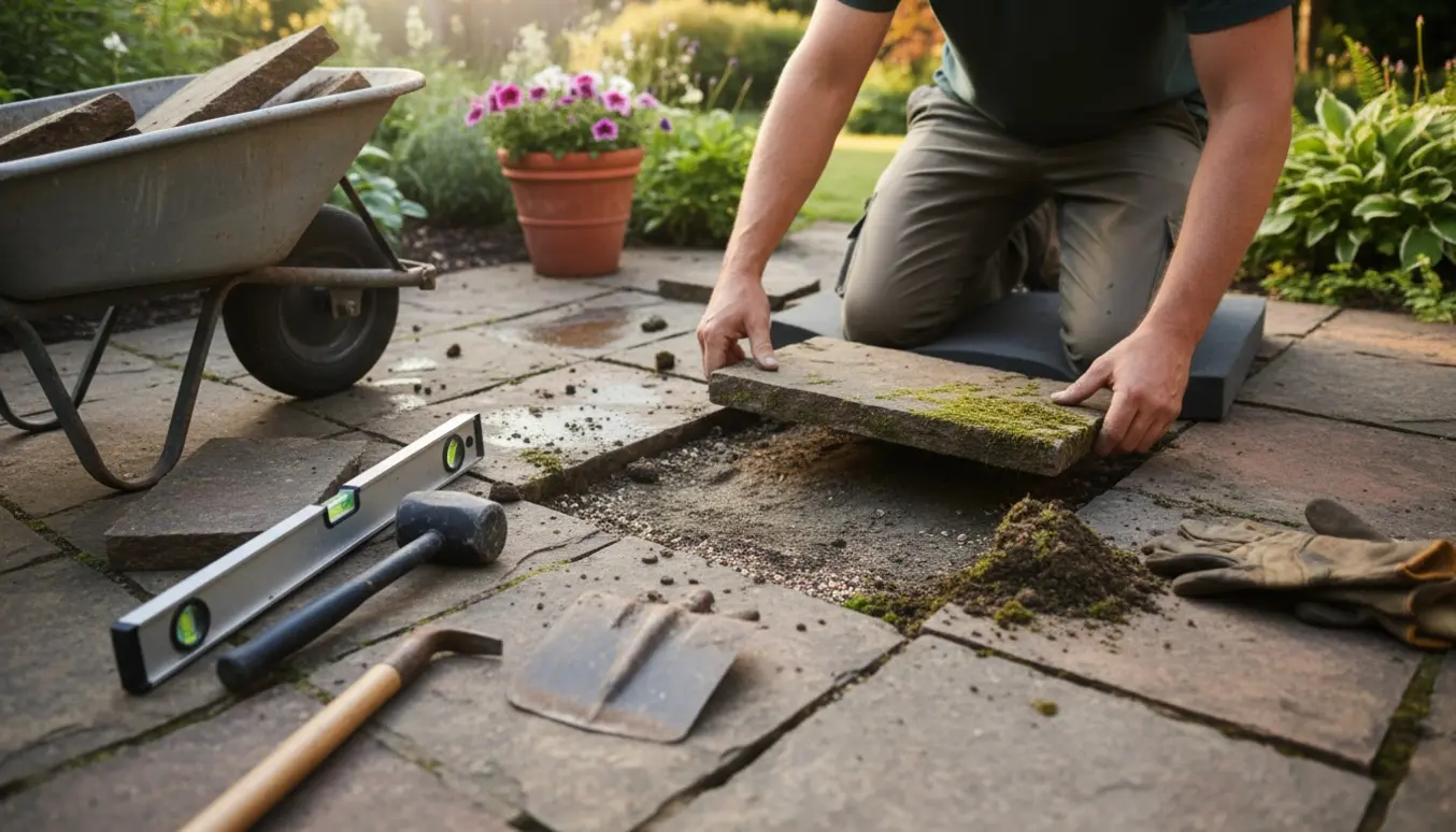 Nærbillede af hænder, der løfter og retter fliser i en baghave med værktøj og sand ved siden af.