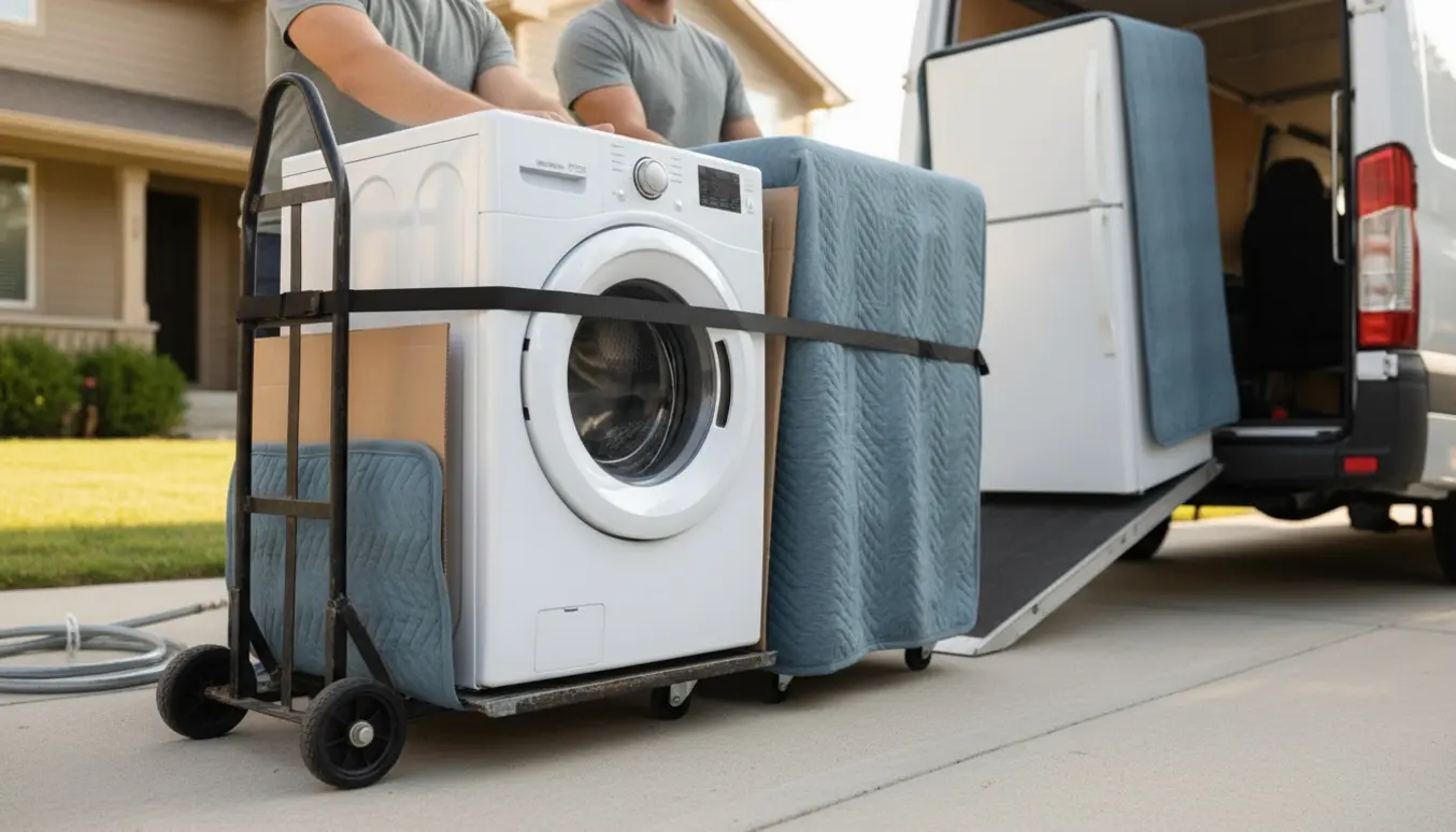 To flyttefolk laster en vaskemaskine og et køleskab på en flyttebil i indkørslen.