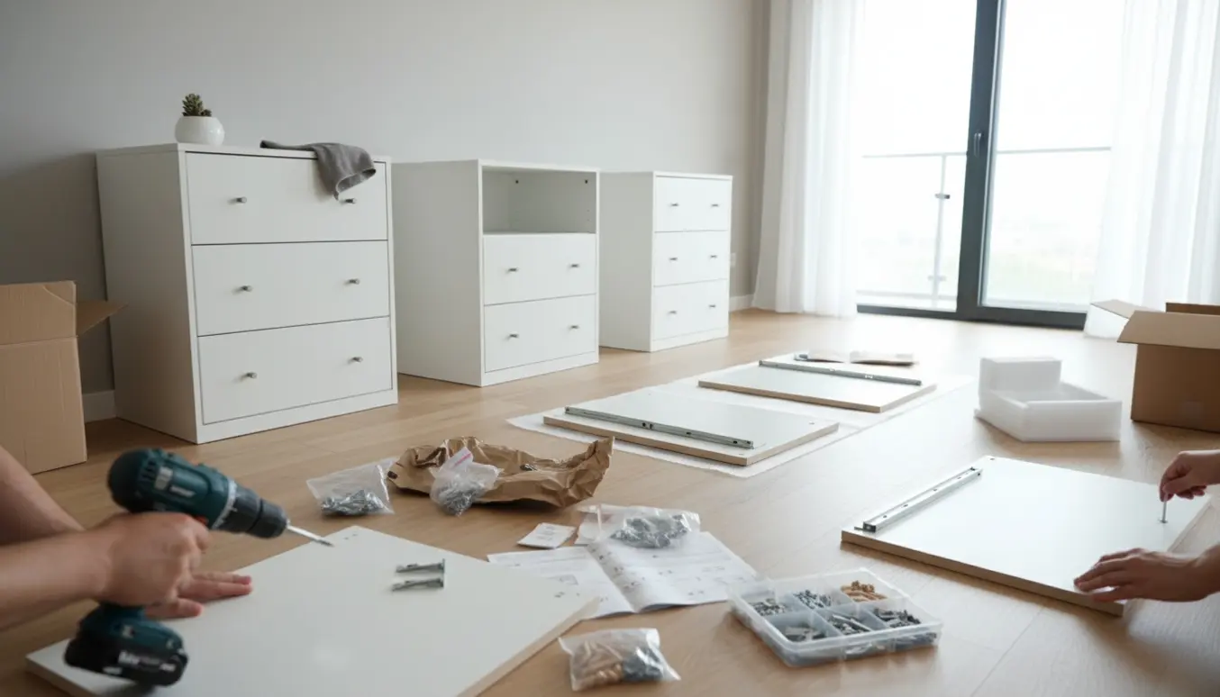 Flere tre-skuffers kommoder under montering i et lyst rum med værktøj og åbne kasser.