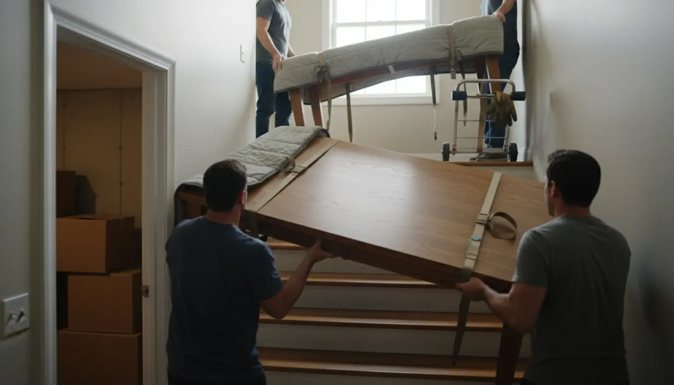 To personer bærer et tungt egetræsbord ned ad en trappe mod en åben kælder, mens et andet bord løftes op.