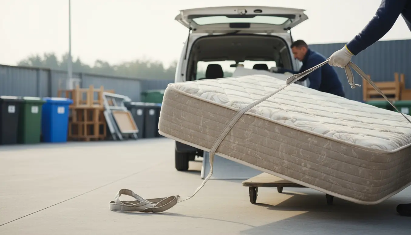 Et boksmadras læsses ind i en varevogn ved et ryddeligt genbrugsplads.