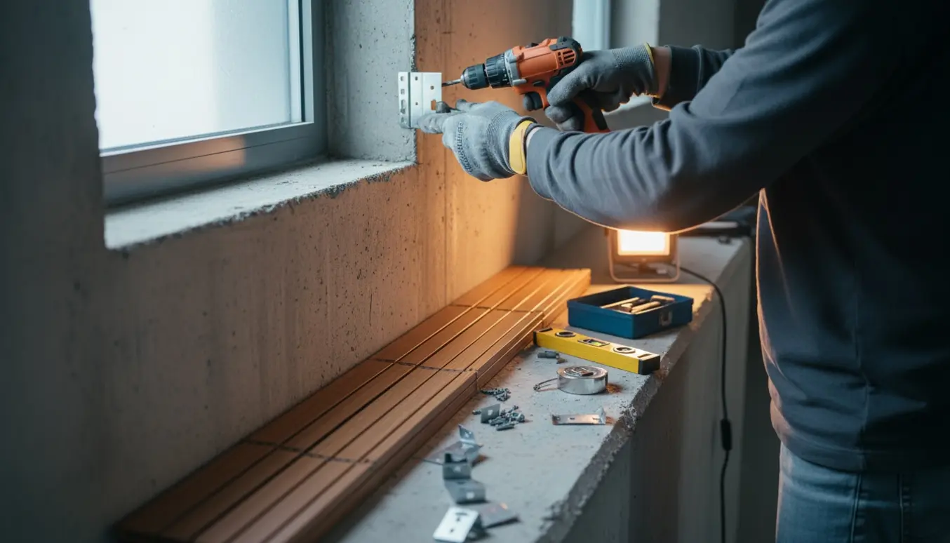 Hænder monterer en persienne i et kælderværelse med skruemaskine og beslag ved et lille vindue.