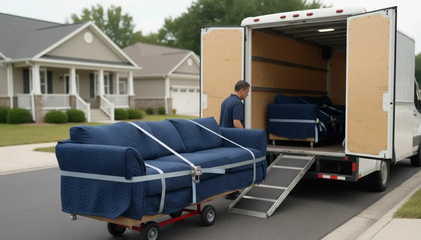 Sofadele pakket i flyttetæpper og lastet i en lukket flyttevogn ved et parcelhus.