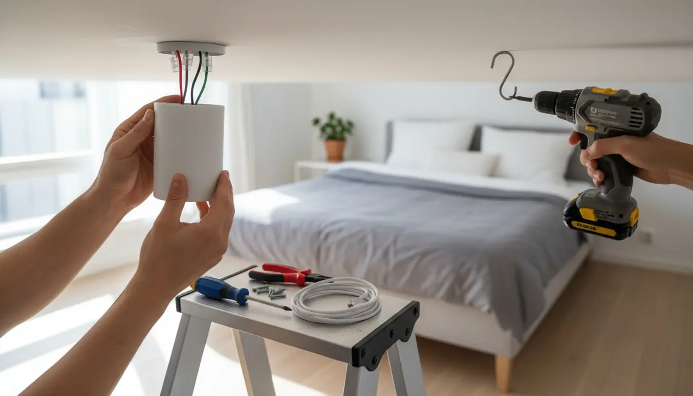 Hænder monterer en moderne hvid loftlampe i et lyst soveværelse, mens en ekstra krog skrues i loftet.