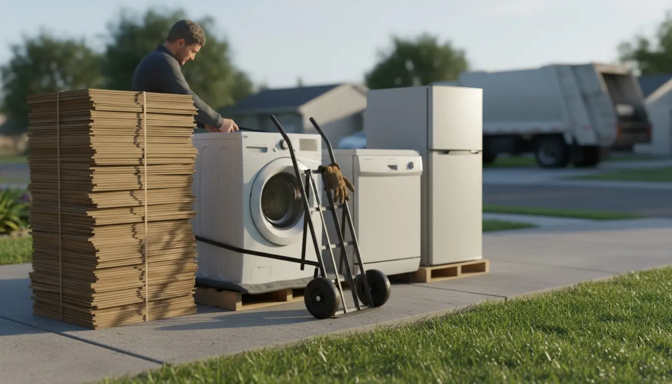 Bunke sammenlagte papkasser og tre husholdningsapparater på indkørslen klar til afhentning.