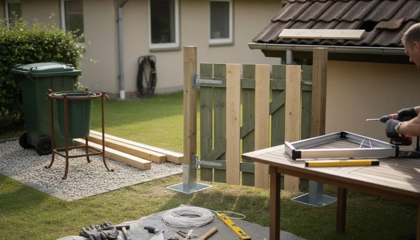 Udendørs gør-det-selv-scene med reparation af havelåge, nye stolper, udskiftet vindskede og nyt tørrestativ klar til montering.
