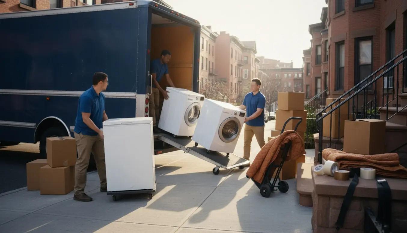 Flyttefolk læsser vaskemaskine, tørretumbler og kummefryser ind i en flyttebil foran en lejlighed.