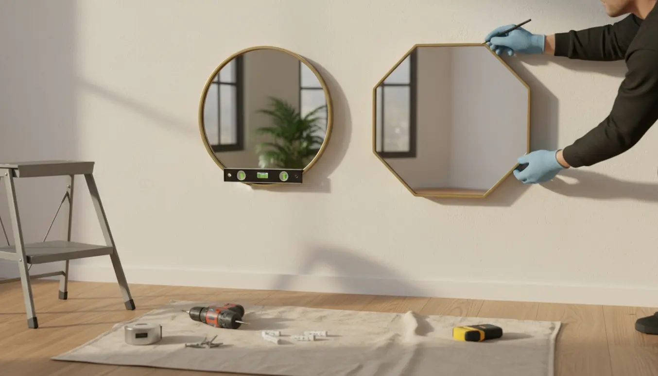To spejle hænges op på en lys stuevæg, hænder holder det ene spejl mens værktøj ligger klar.