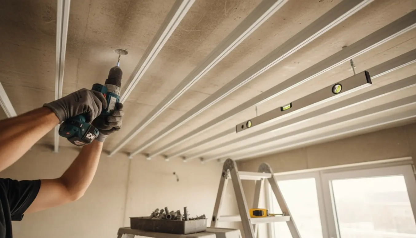 Nærbillede af boremaskine, rawlplugs og gardinskinner under montering i et betonloft.