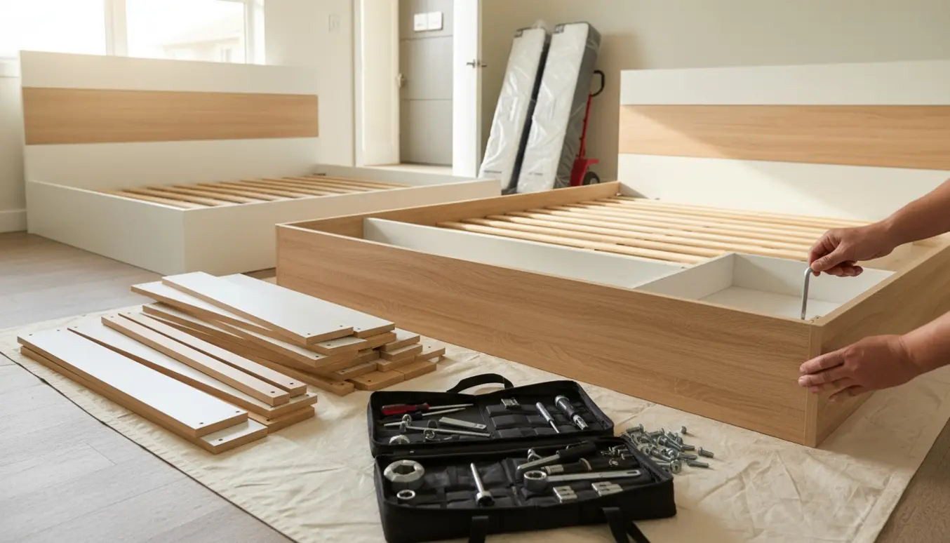 Afmonterede IKEA Brimnes-sengestel og værktøj klar til genmontering i en lys stue.