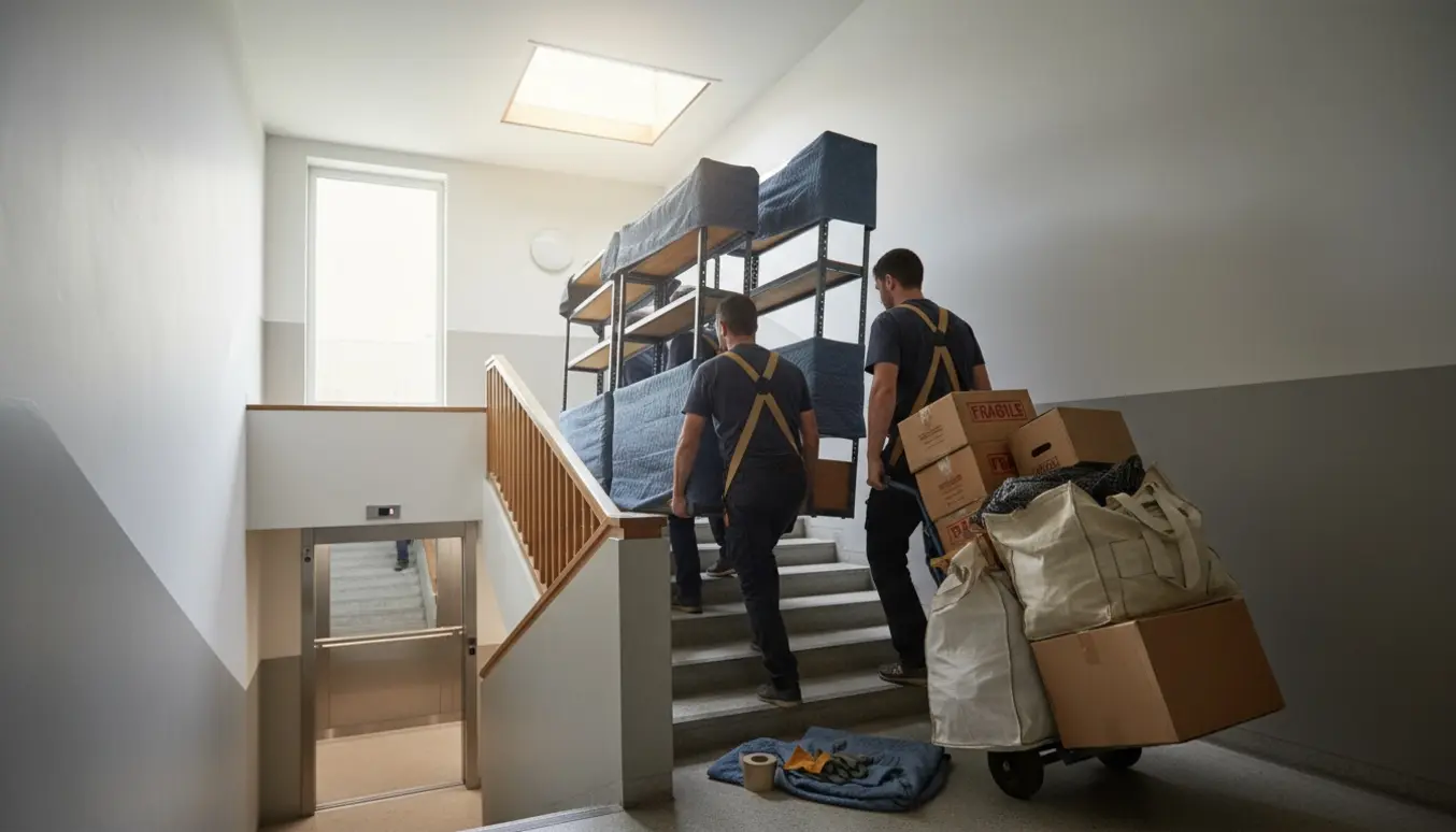 Flyttefolk bærer reoler, kasser og store poser op ad trappen mod et åbent loftrum på 6. sal.