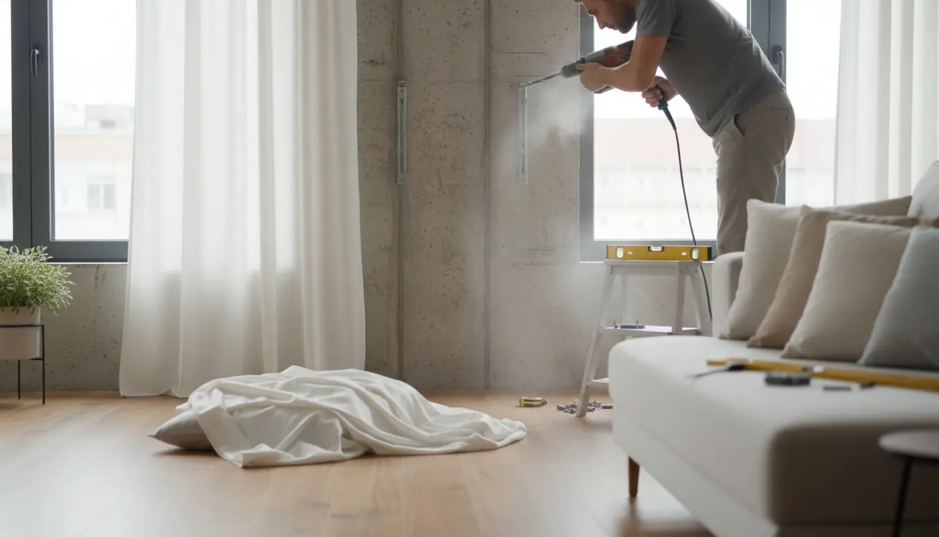 Montering af gardin på betonvæg i stuen med boremaskine og værktøj.